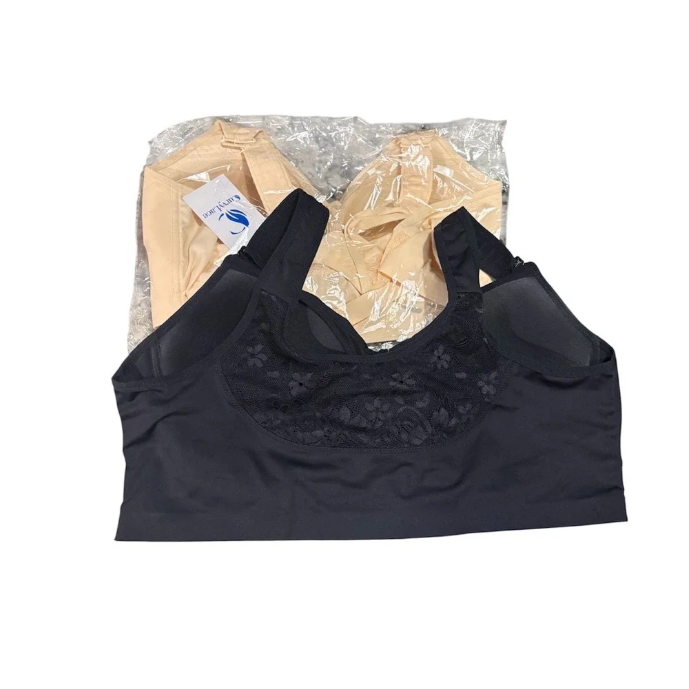 CurvyLace Front Zip Wireless Bra Women 2XL Black Beige NEW Lifting Straps 2-Pack